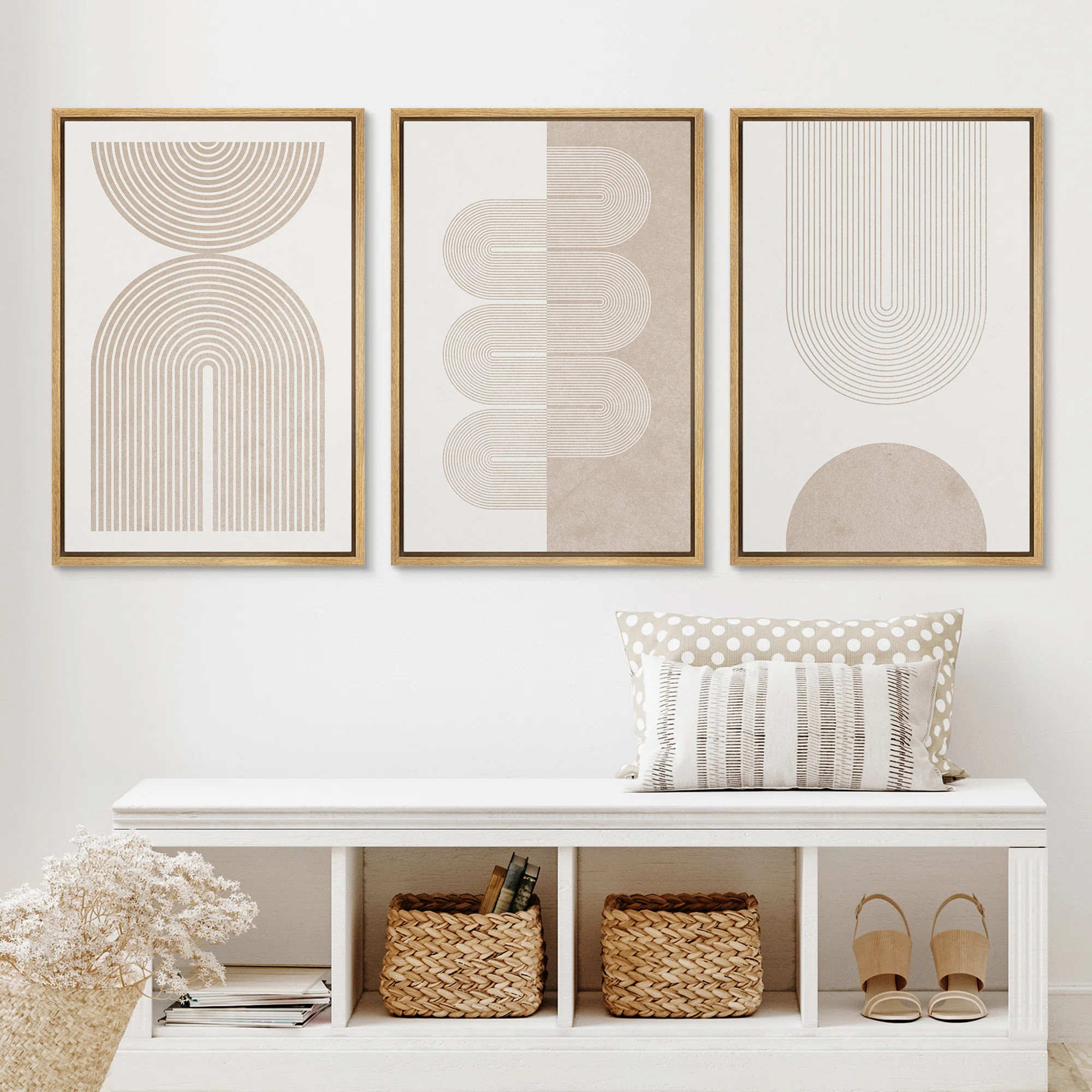 Mid Century Modern Boho Duotone Beige Abstract Shape Framed Canvas 3 Pieces Print Wall Art Neutral Decor | Wayfair North America