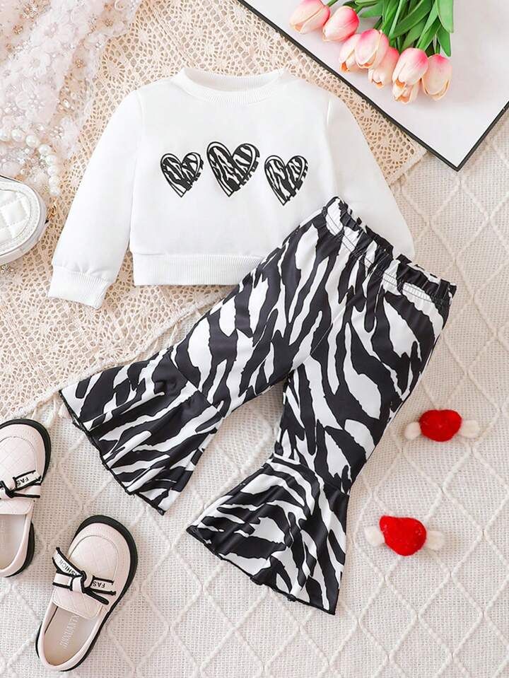 Baby Girl's Zebra Print Heart Pattern Short Sweatshirt And Animal Texture Bell Bottoms | SHEIN