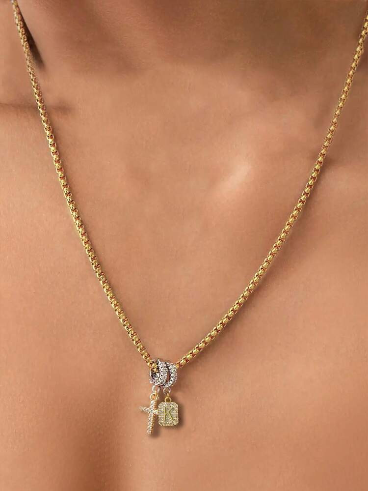 STYLEVER 1Pc Gold A-Z Initial Letter Pendant Necklace, 26 Letter Chain Necklace,Stainless Steel Chain Jewelry, Rhinestone Letter Chain,For Daily Wear Holiday Gift | SHEIN