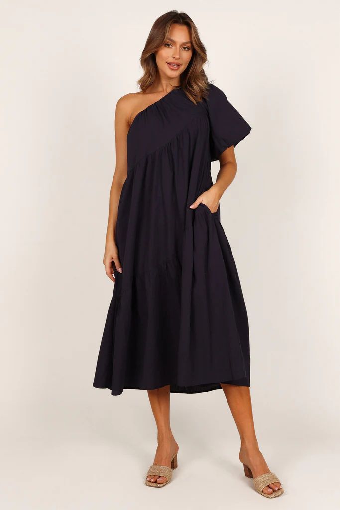 Stephanie One Shoulder Puff Sleeve Midi Dress - Navy | Petal & Pup (US)