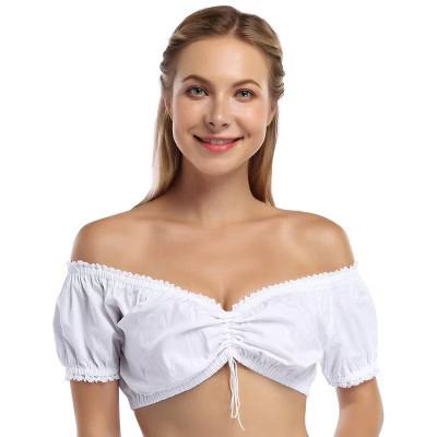 Women's Off-Shoulder Cropped Blouse - Lace-Trimmed Puff Sleeve Ruched Front Tie Top  White M | Target