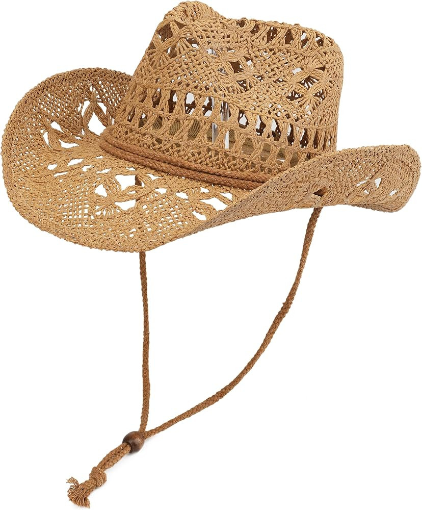 Straw Cowboy Hat for Women and Men with Shapeable Wide Brim Sun Beach Western Cowgirl Hat | Amazon (US)