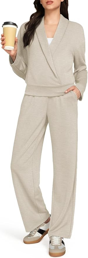 Women's 2 Piece Lounge Set Casual Work Outfits Lapel Wrap Top Wide Leg Pants Travel Clothes | Amazon (US)