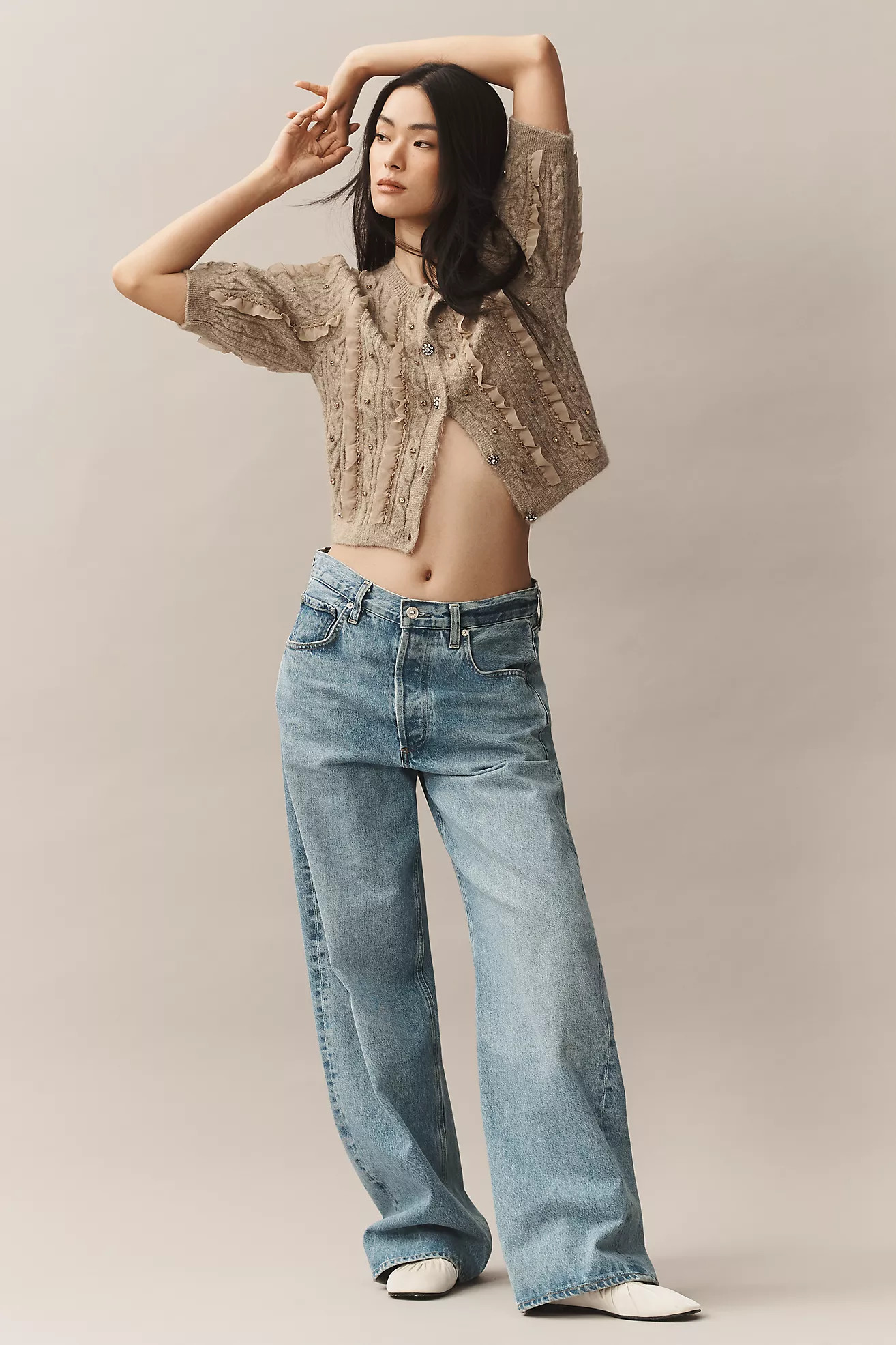 Maeve Short-Sleeve Embellished Ruffled Cardigan Sweater | Anthropologie (US)