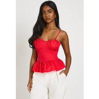 boohoo Women's Ruched Bust Poplin Peplum Hem Top in Red | Size: 2 | Denim/Polyurethane/Woven | boohoo (US & Canada)