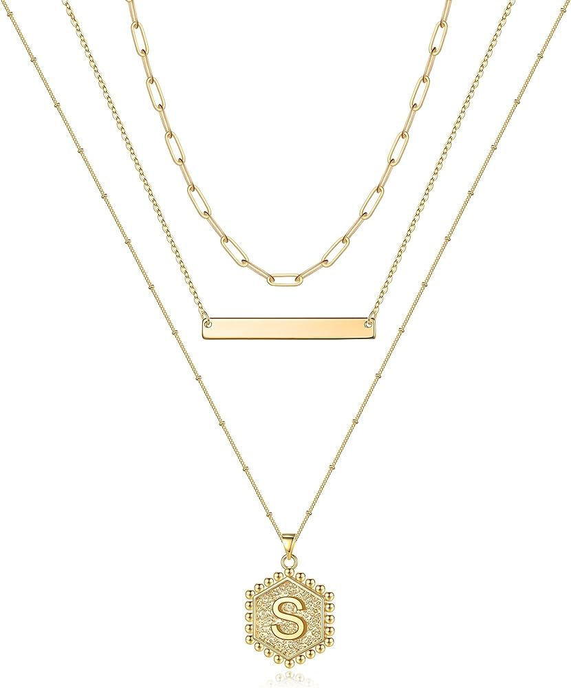 Gold Layered Initial Necklaces for Women, 14K Gold Plated Bar Necklace Handmade Layering Hexagon Let | Amazon (US)