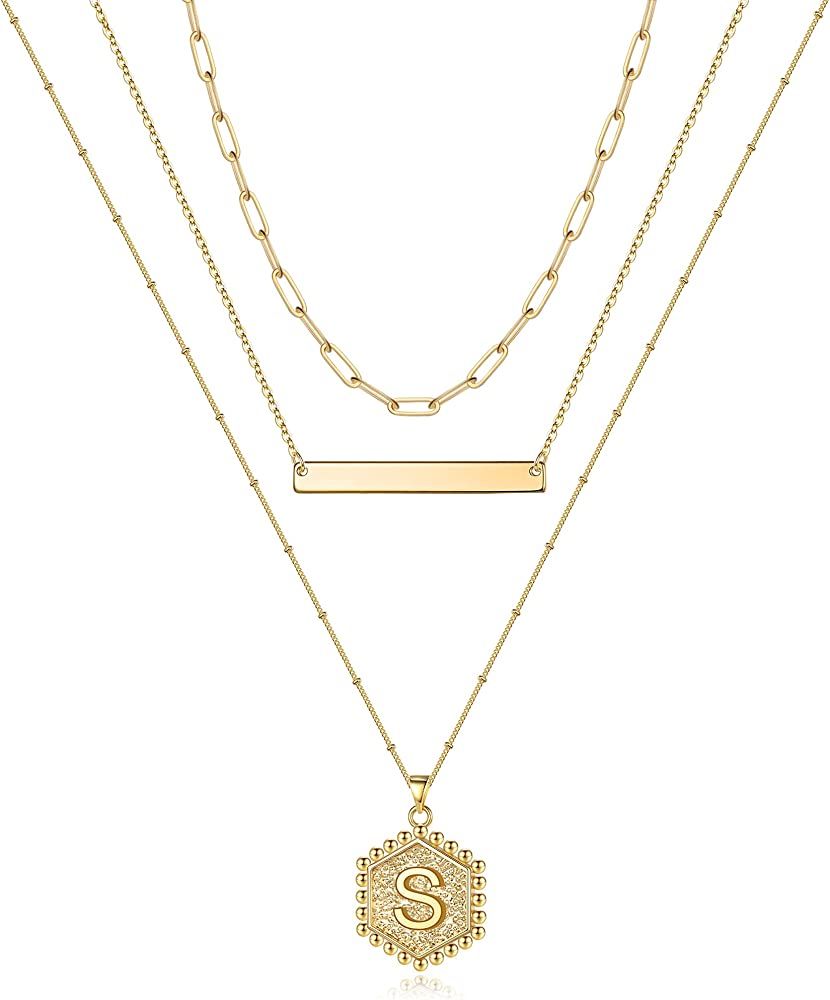 Gold Layered Initial Necklaces for Women, 14K Gold Plated Bar Necklace Handmade Layering Hexagon Let | Amazon (US)