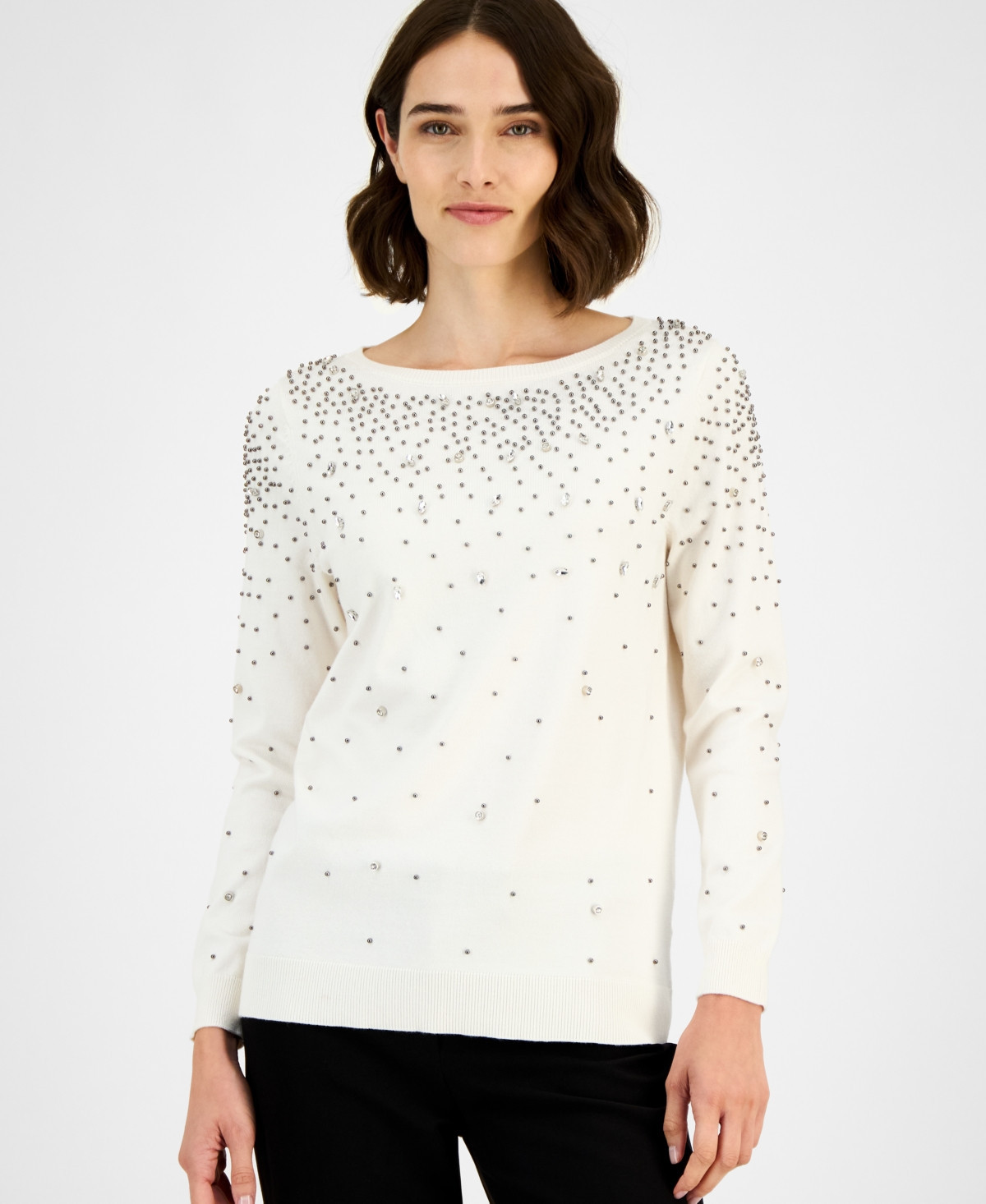 Anne Klein Women's Embellished Boatneck Sweater - White Dove | Macy's