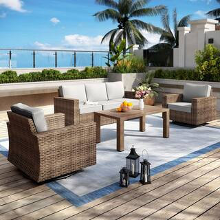 PHI VILLA Brown Rattan Wicker 4-Piece Outdoor Patio Conversation Set with Swivel Rocking Chairs, ... | The Home Depot