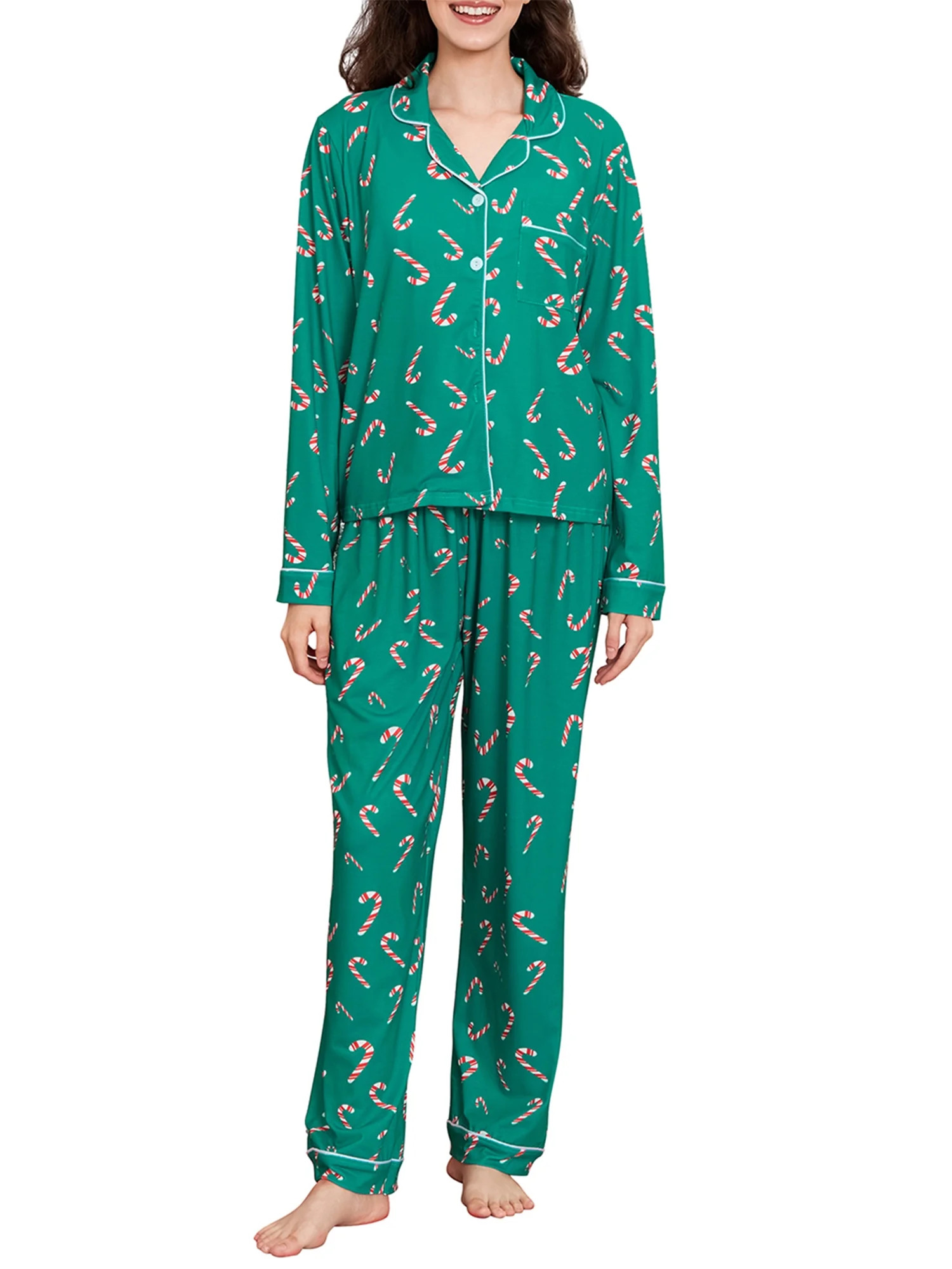 Bmnmsl Women’s 2 Piece Christmas Pajama Set Long Sleeve Graphic Print Lapel Collar Button Up Sh... | Walmart (US)