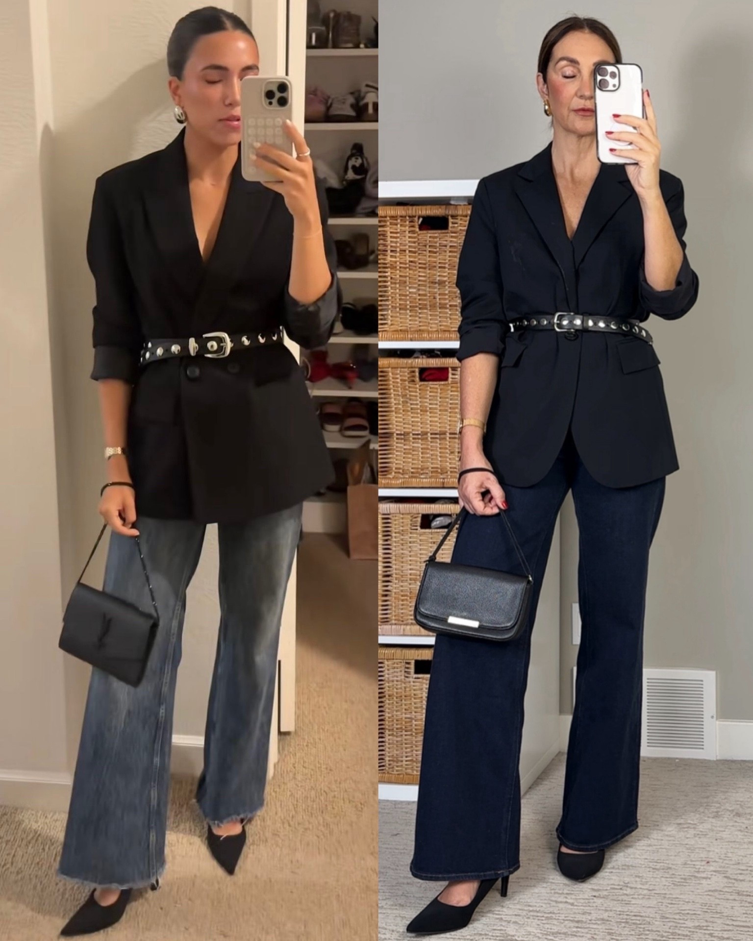 Pinterest party fit! Love wearing a blazer as a top with a fun belt, add some heels and a nice bag and it really elevates the jeans!
I’m 5’ 7” wearing my usual size 27 (32” inseam) in the jeans, they are quite stretchy & comfortable. 
My blazer is sold out but I linked similar plus my exact belt (I have it three colors!), pumps, bag and the stitch gun I used to keep the blazer lapels together.


#LTKootd #LTKHoliday #LTKSeasonal