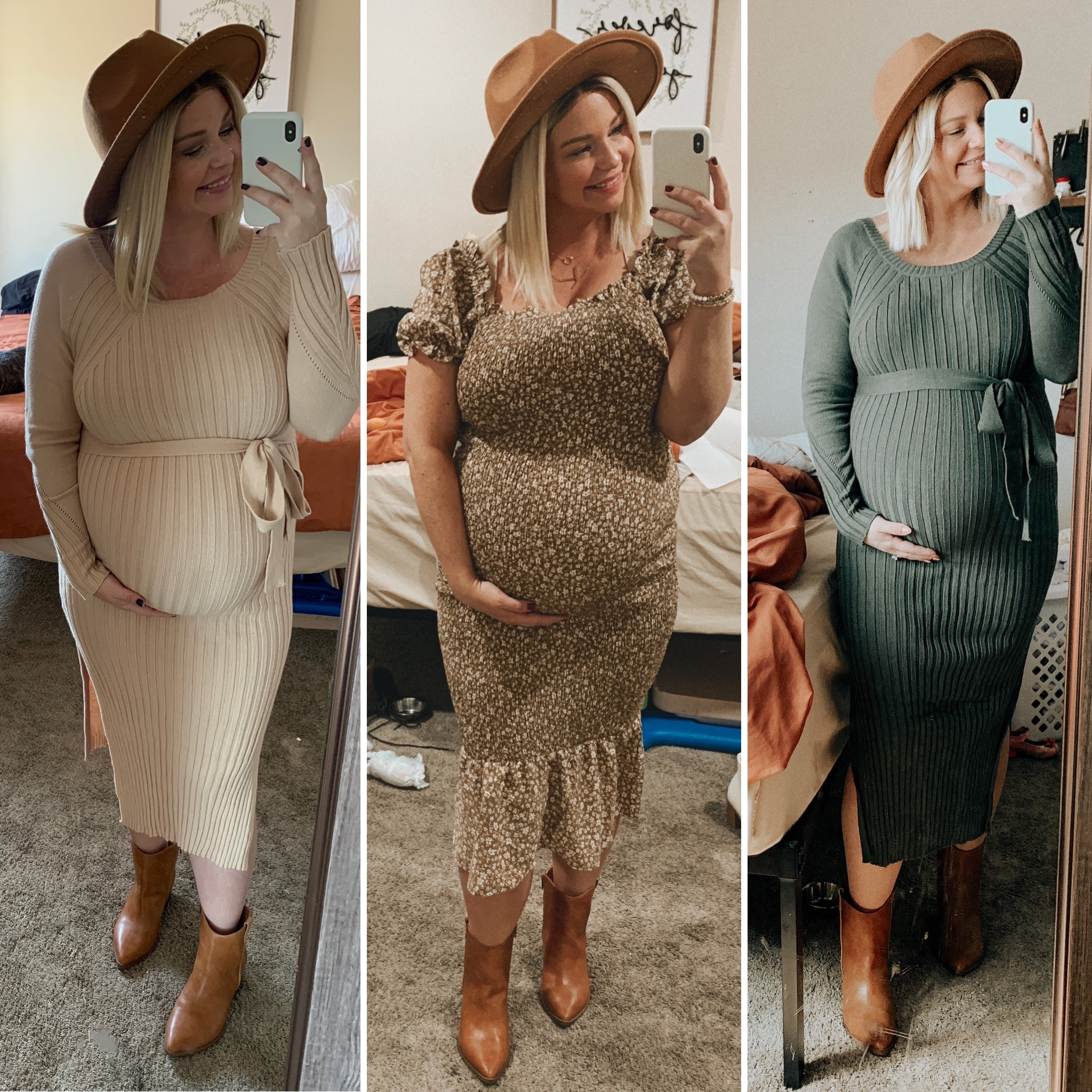 fall baby shower dress options 💛
dress colors from left to right 
solid apricot
khaki 
solid army green 
and color brown in hat 

#amazonfashion #sweaterdress #thanksgivingoutfitideas #christmasoutfitideas 

#LTKbump #LTKSeasonal #LTKHoliday