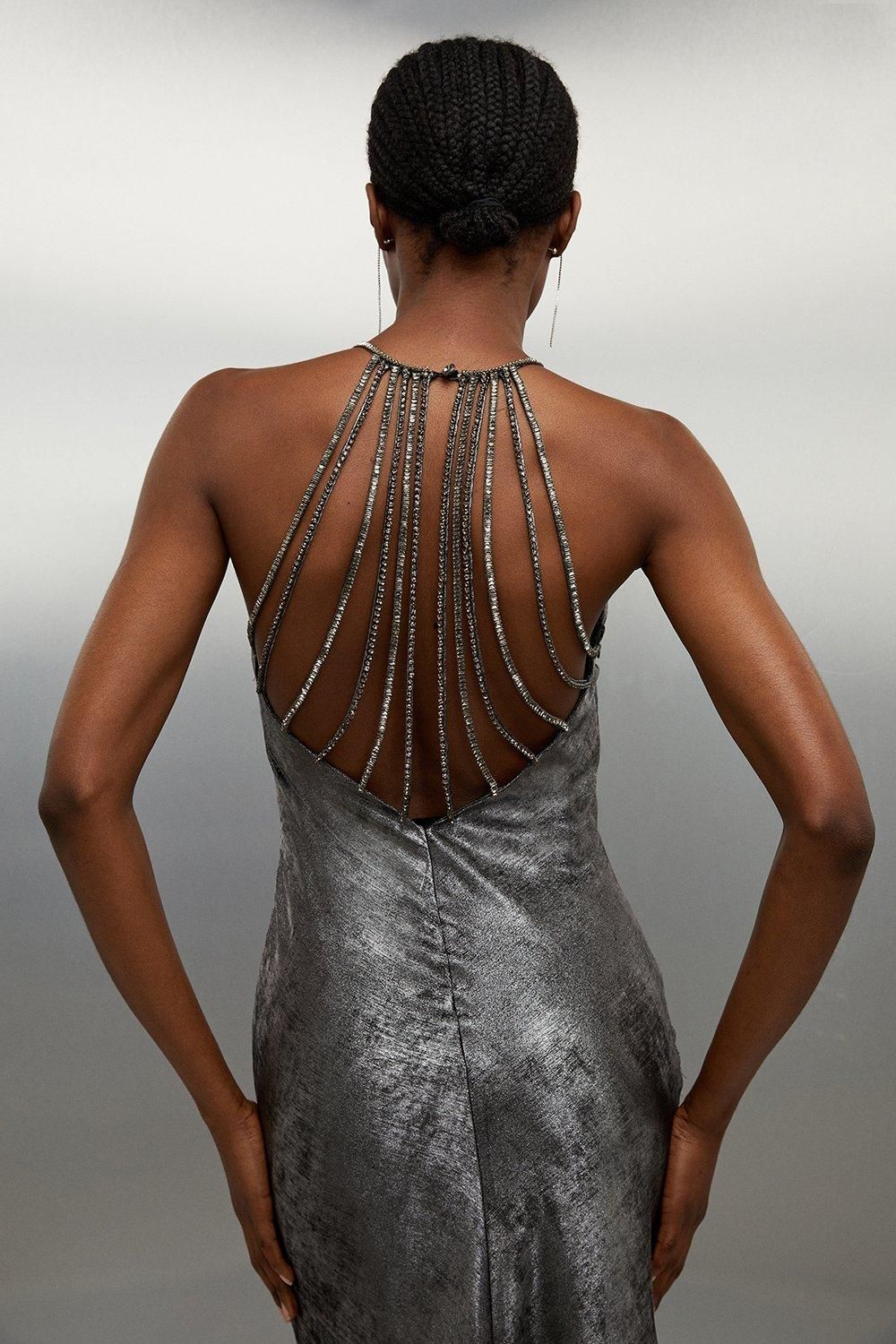 Premium Metallic Diamante Detail Halter Woven Maxi Dress | Karen Millen US