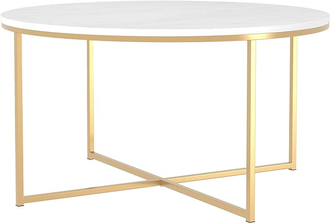 Walker Edison Modern Glam Round Accent Faux White Marble Coffee Table with Gold X-Base, 36 Inch | Amazon (US)