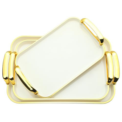Zufudo 3 Pack Serving Tray with Handles, Stackable Reusable Trays for Serving Food, Plastic Serving Platters for Party, Charcuterie, Fruit, Appetizer, Cream Gold | Amazon (US)