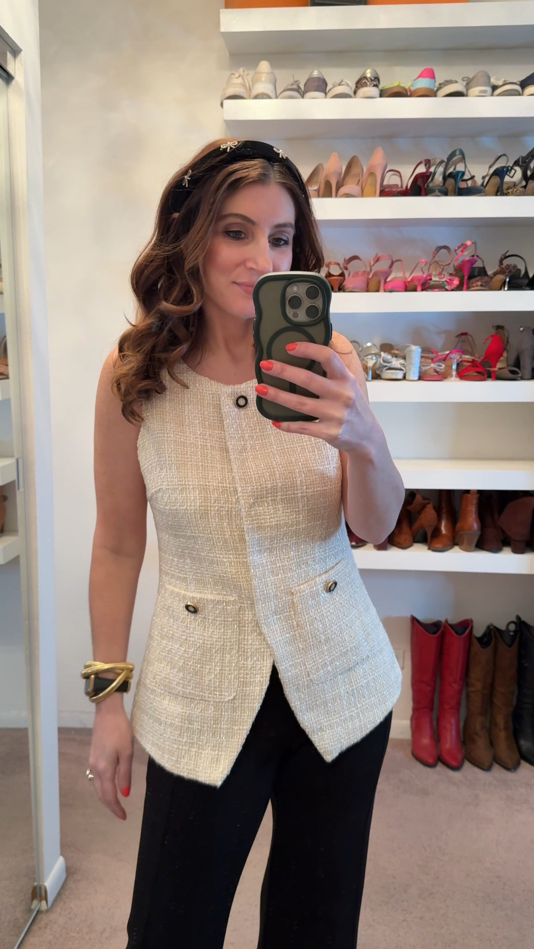 What I wore to work today, workwear outfit, casual outfit, designer inspired tweed vest, black dress pants, black kitten heels, easy outfit  

#LTKootd #LTKWorkwear #LTKSaleAlert