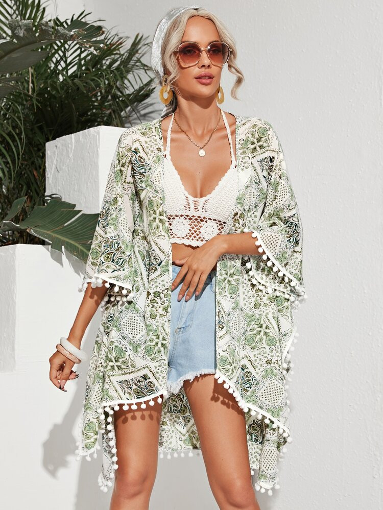 SHEIN Pom Pom Detail Scarf Print Kimono | SHEIN