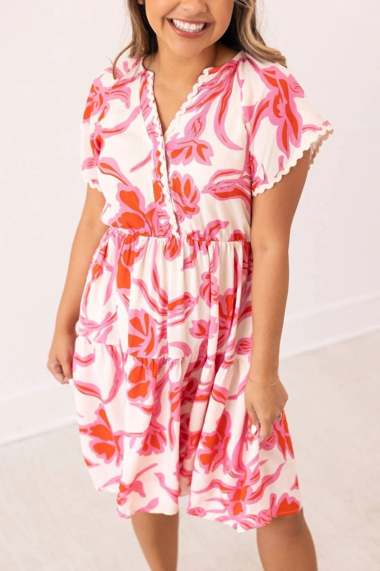 Scallop Trim Floral Dress In Pink | Shop Simon
