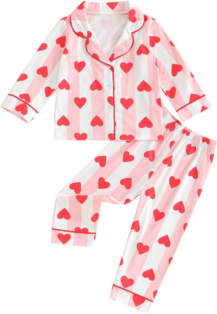 MAINESAKA Toddler Baby Girl Silk Satin Pajamas Valentines Day Pjs Heart Print Button Down Shirt S... | Amazon (US)