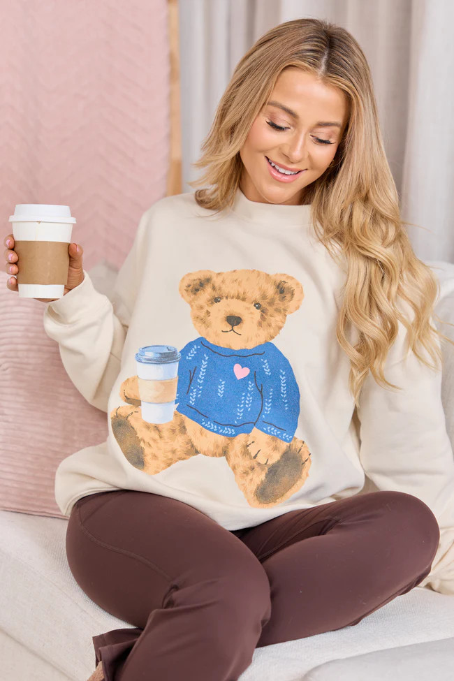 Vintage Teddy Bear Heart Sweater Cream Graphic Sweatshirt SALE | Pink Lily
