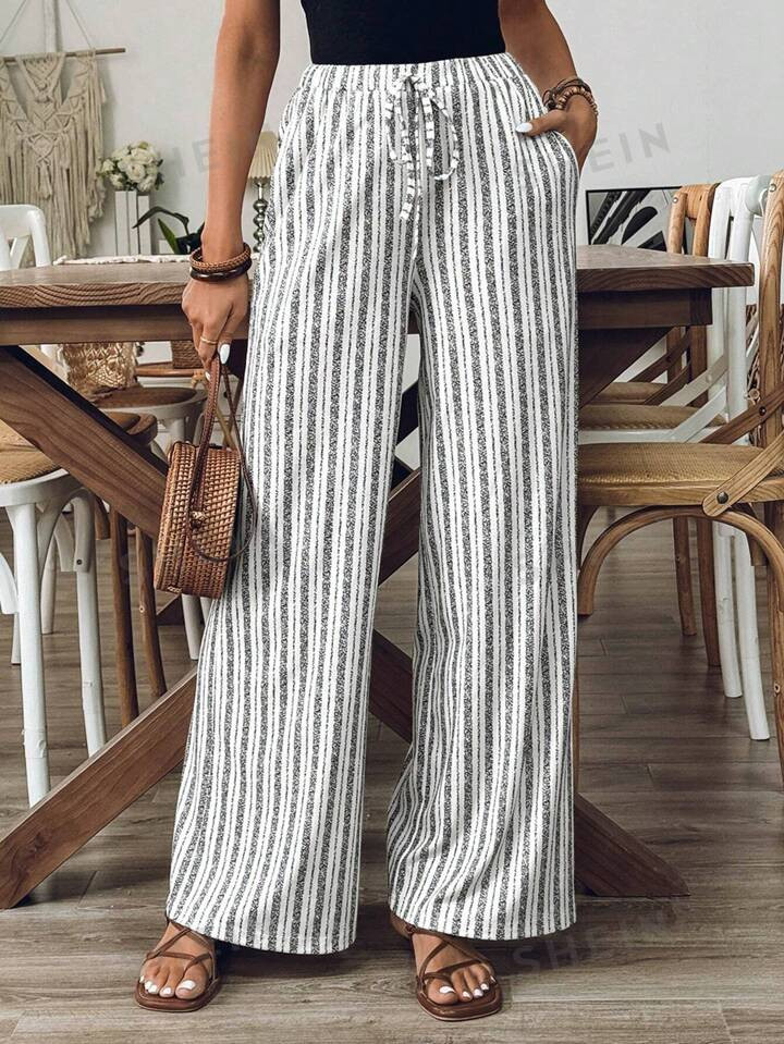 SHEIN Frenchy Exquisite Striped Printed Casual Daily Wear Long Pants, Summer Vacation Season, Com... | SHEIN