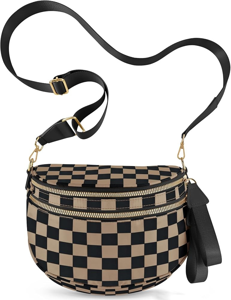 Checkered Crossbody Bags for Women, Large Nylon Bum Bags Plus Size Fanny Pack Sling Bag Belt Bag ... | Amazon (US)