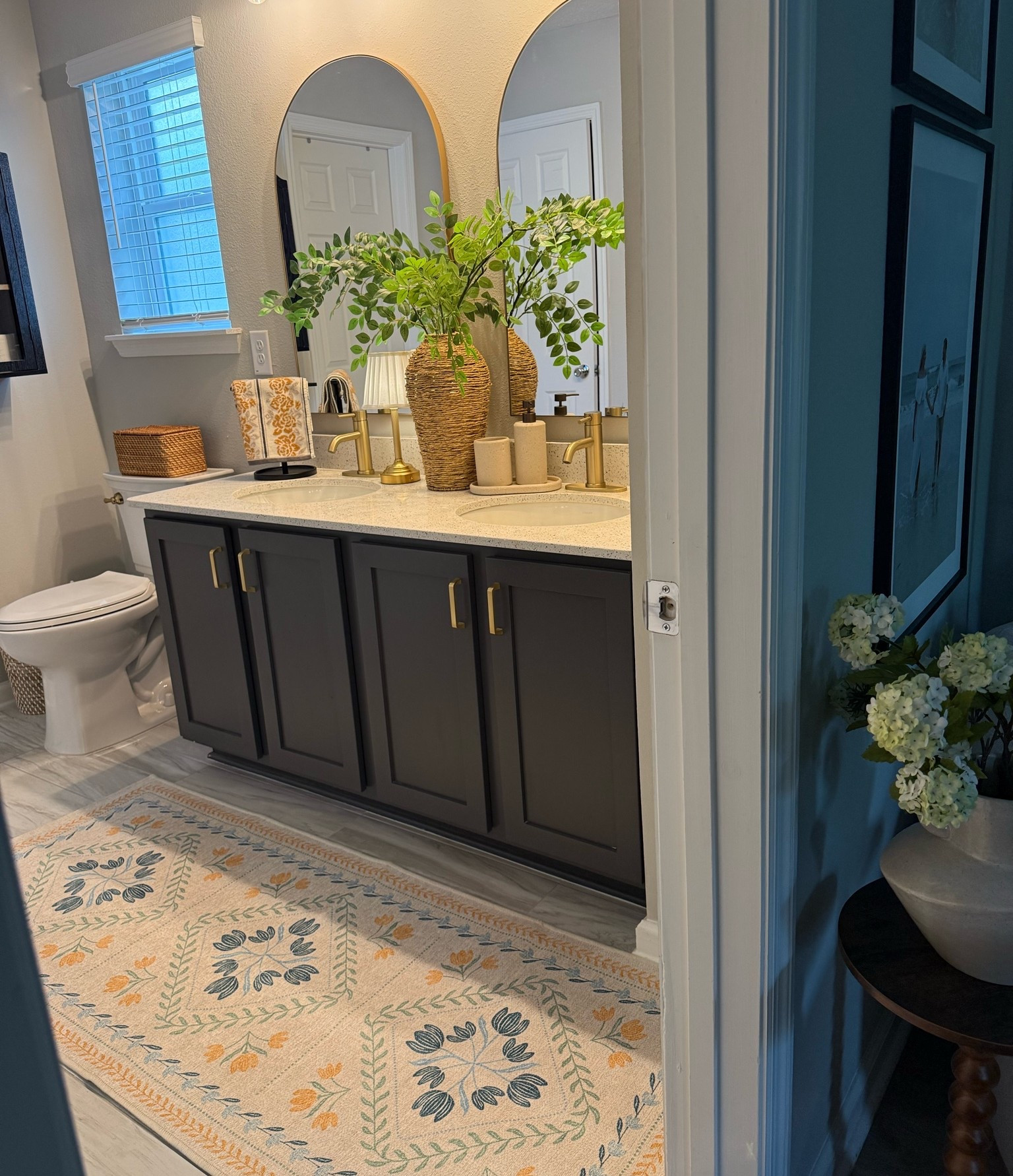 SO in love with this $35 Walmart runner! It was suppose to go in the kitchen but the bathroom saw it first 🤣🙌🏽  non slip and machine washable- perfect for any high traffic areas! 

Summer decor, bathroom decor, master bathroom, guest bathroom, runner, Walmart home decor, Walmart home finds, floral rug, designer look for less

#LTKHome #LTKSeasonal
