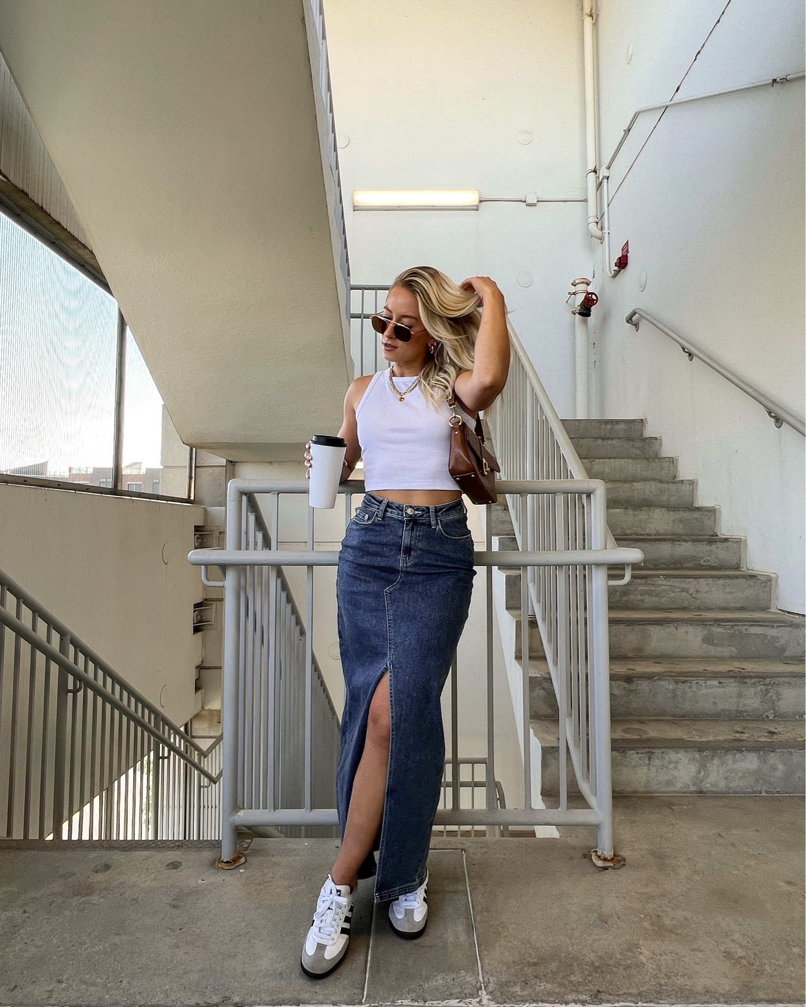 Jean skirt, long denim skirt, summer outfits, summer fashion, summer outfit ideas, Adidas samba sneakers, casual summer outfits, jean skirt with a slit