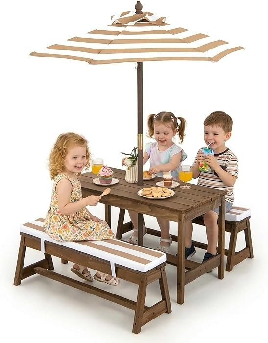 Costzon Kids Picnic Table, Toddler Wood Table & Chair Set w/Cushions, Height Adjustable Umbrella,... | Amazon (US)
