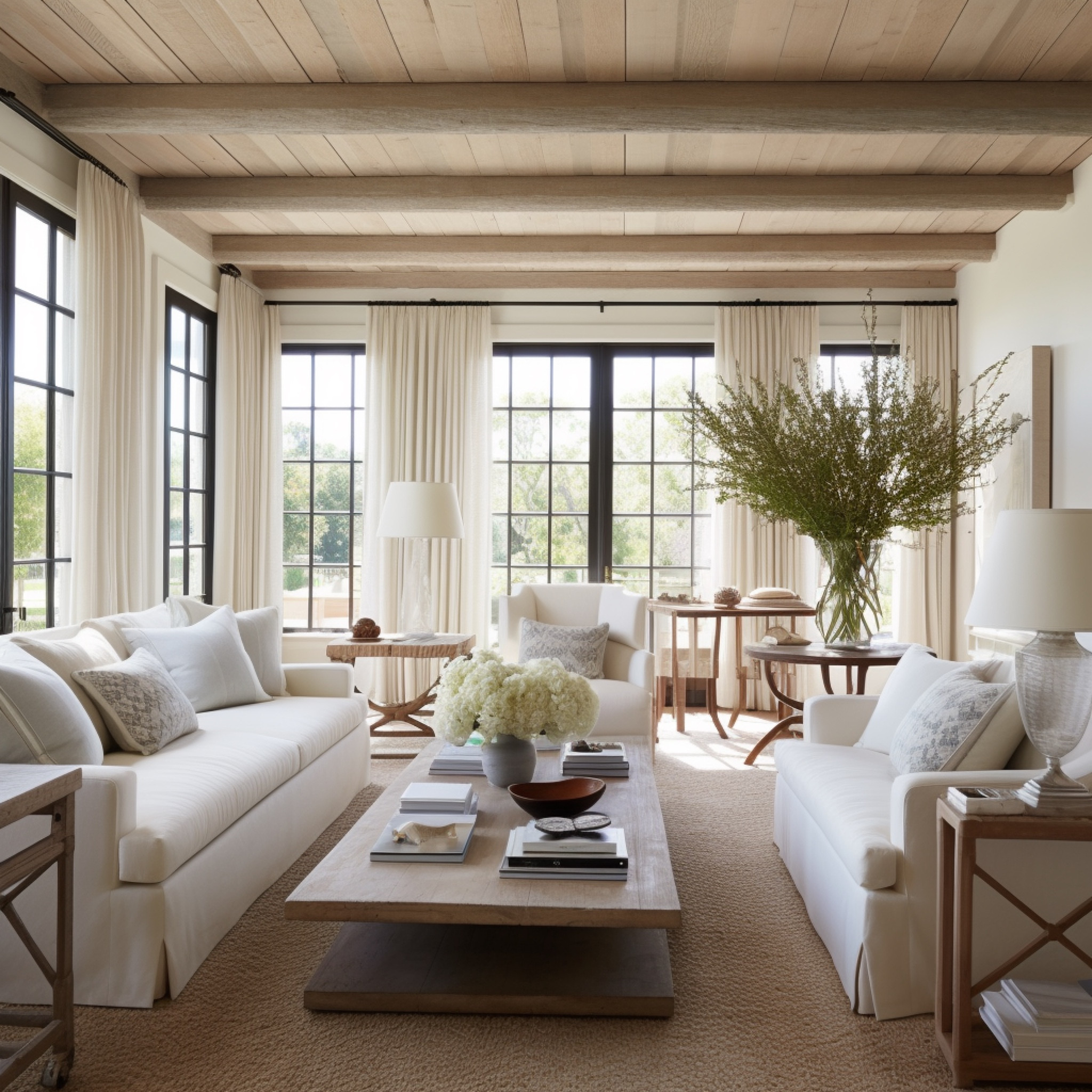 modern coastal inspired living room with black iron windows & exposed wood ceiling#LTKunder100 

#LTKhome #LTKfamily