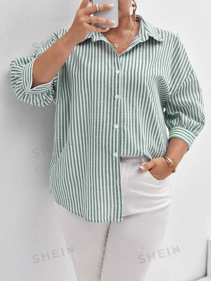 SHEIN Frenchy Plus Striped Print Drop Shoulder Shirt | SHEIN