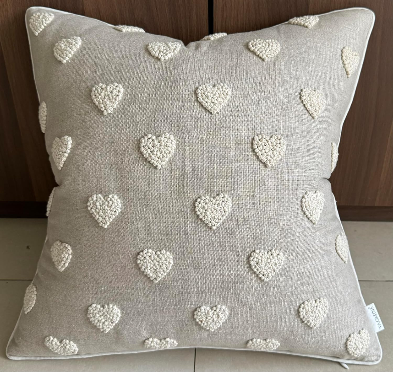 VAGMINE Hand Embroidered Linen Throw Pillow Cover 18x18 – Natural Square Decorative Accent Cush... | Amazon (US)