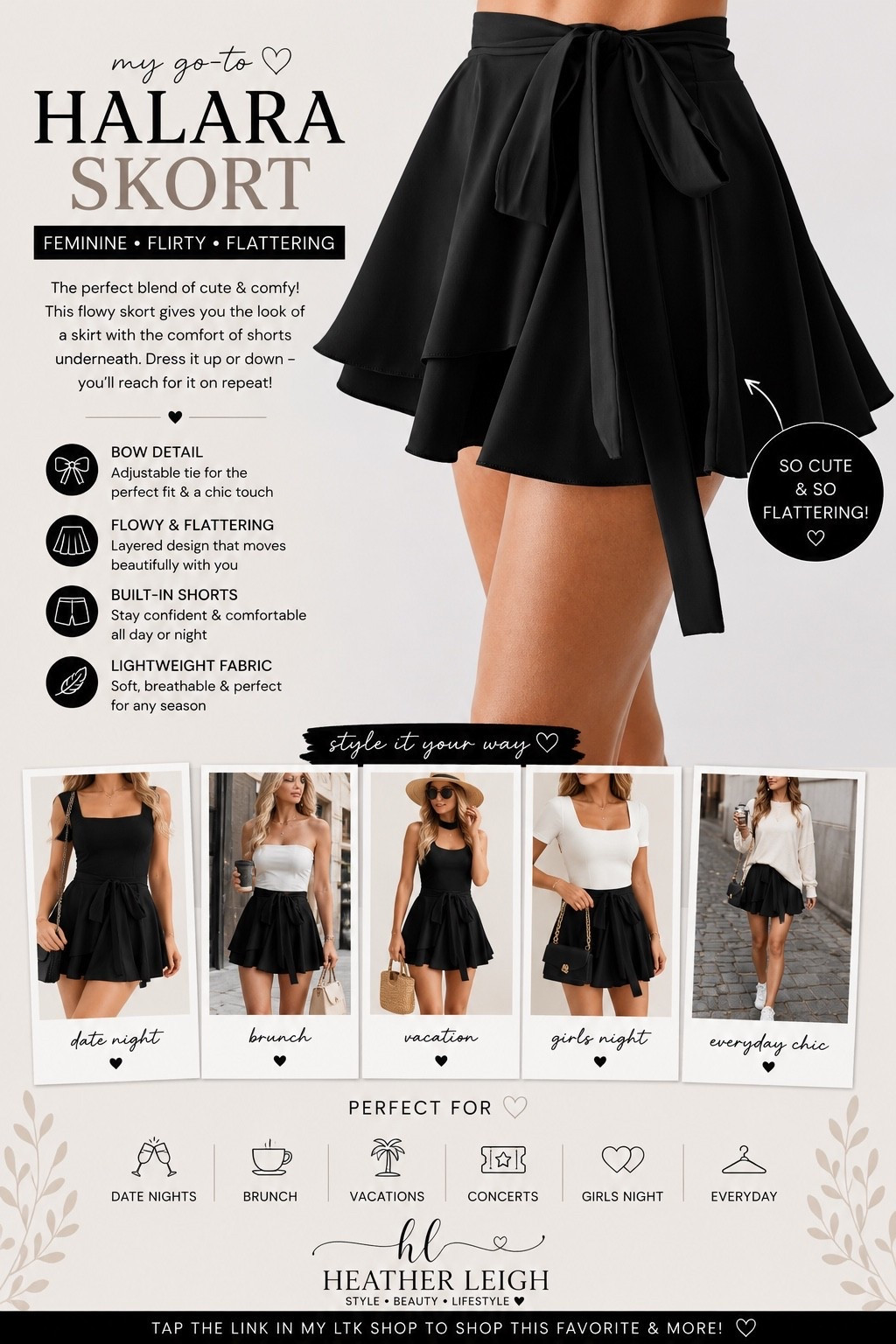 ✨ The cutest little skort moment 🤍

Obsessed with how feminine and flattering this flowy skort is, it gives the look of a skirt with the comfort of shorts underneath ✨ The bow detail makes it feel so elevated and chic while still being easy to style casually or dressed up.

Perfect for:
🤍 Date nights
🤍 Brunch
🤍 Vacation outfits
🤍 Concerts
🤍 Girls night
🤍 Everyday chic looks

One of those pieces that instantly makes an outfit feel put together 🖤 Tap the link in my LTK shop to shop this favorite + more style finds ✨

#heatherleighfinds #ltkstyle #skortstyle #femininefashion #dateoutfit #blackskirt #effortlessstyle #everydayfashion #chicstyle #outfitinspo