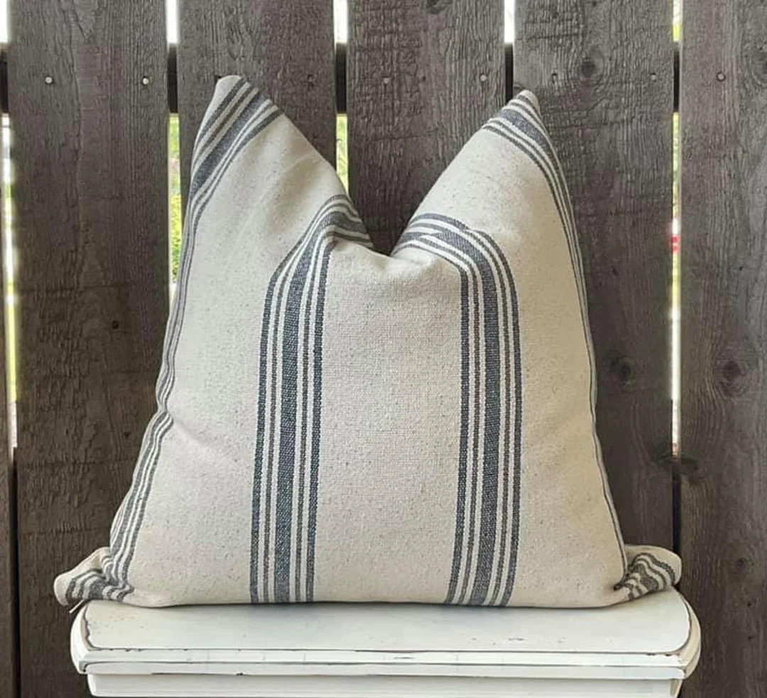 Grain Sack Stripe Pillow Cover Farmhouse Pillow Cover Blue - Etsy | Etsy (US)