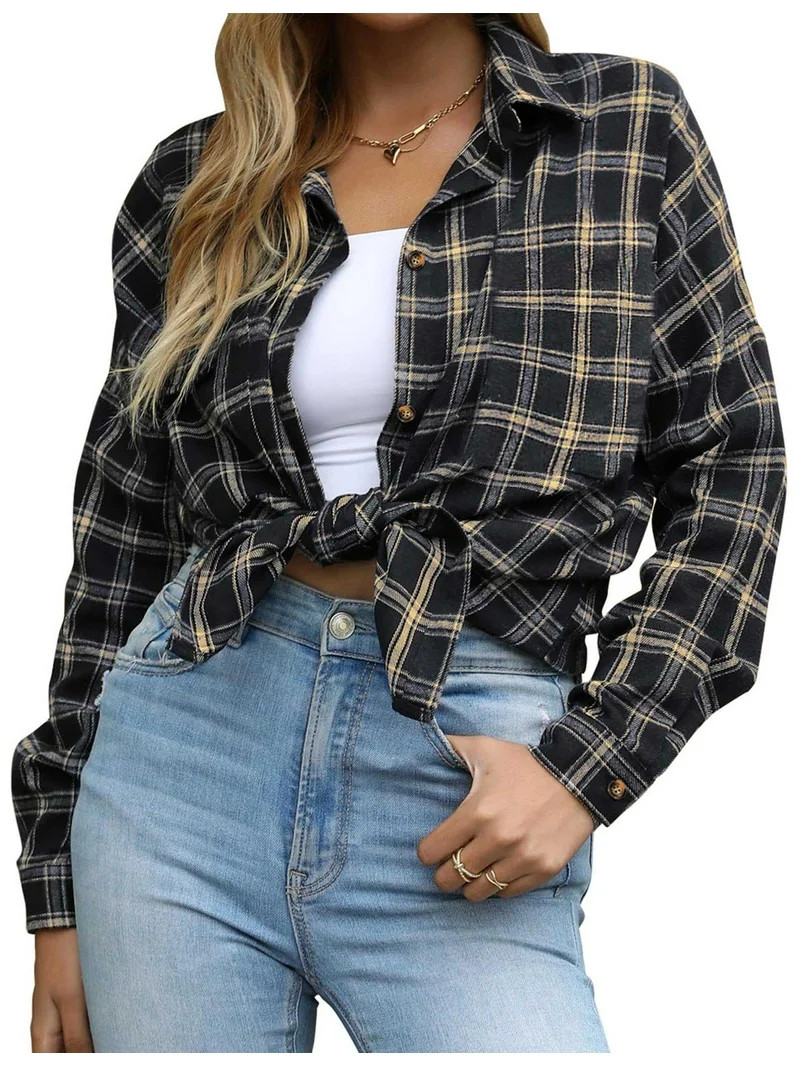 Fantaslook Plaid Flannel Shirts for Women Oversized Long Sleeve Button Down Shirts Blouses Tops | Walmart (US)