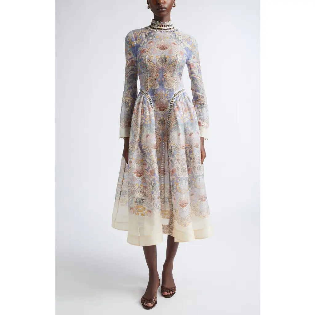 Zimmermann Rebellion Long Sleeve Beaded Linen & Silk Midi Dress in Blue Floral at Nordstrom, Size 1 | Nordstrom