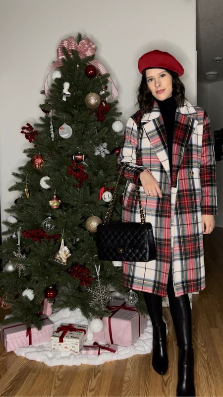 Plaid coat for festive holiday style, styled with Spanx faux leather leggings and a classic black sweater dress. The red beret adds a fun pop of color! 

(Christmas outfit ideas, winter outfits, holiday outfit inspo, winter style, chic outfit) 

#LTKSeasonal #LTKHoliday #LTKstyletip