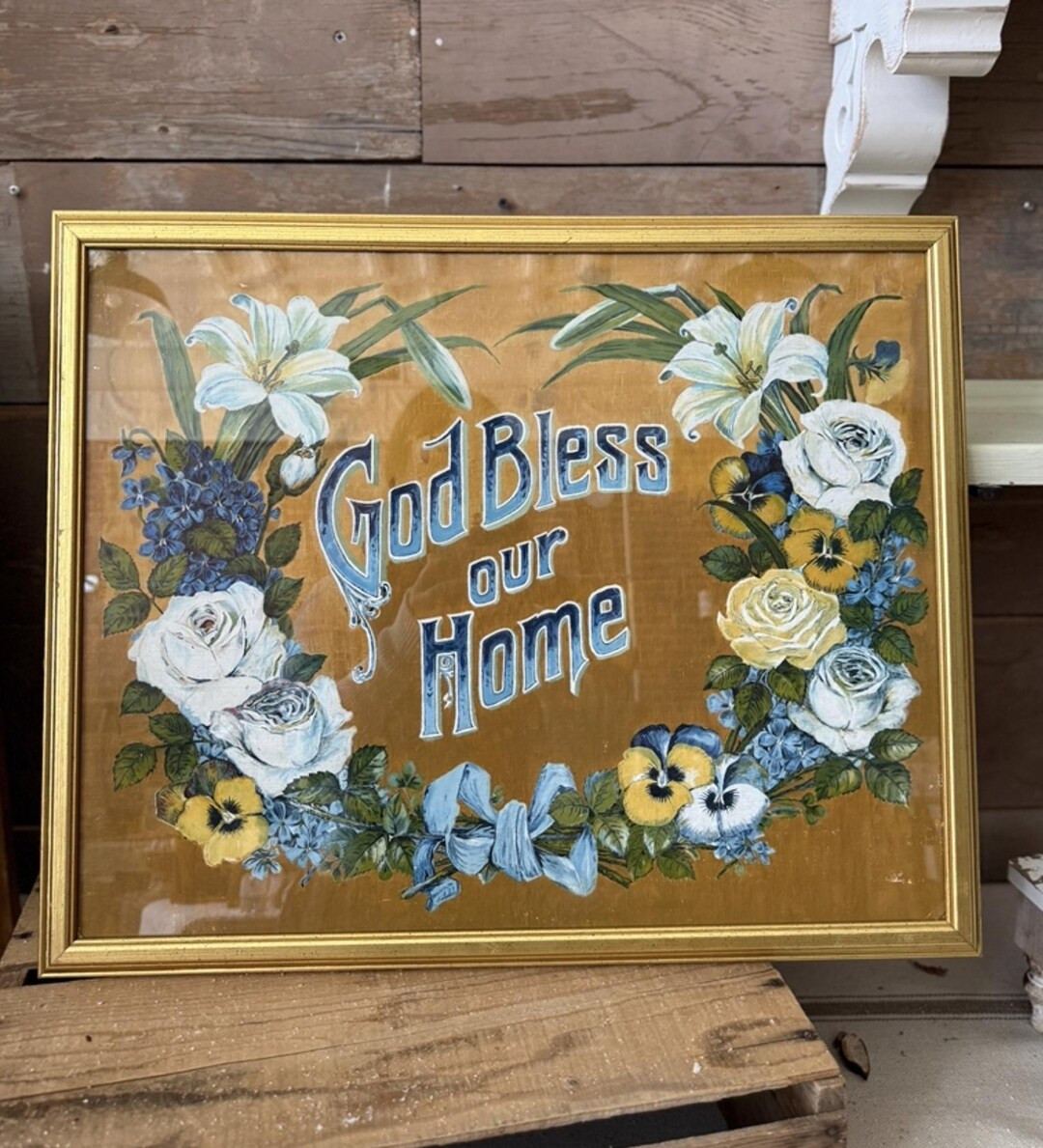 God Bless Our Home Vintage Framed Wall Art, Blue & Gold,  Hand-painted 1938, Wall Decor, Floral, ... | Etsy (US)