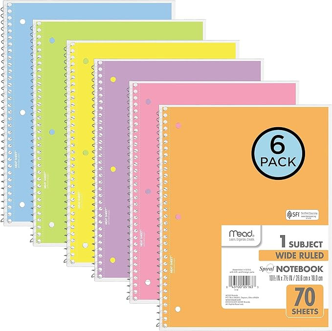 Mead Spiral Notebook, 6 Pack, 1 Subject, Wide Ruled Paper, 7-1/2" x 10-1/2", 70 Sheets per Notebo... | Amazon (US)