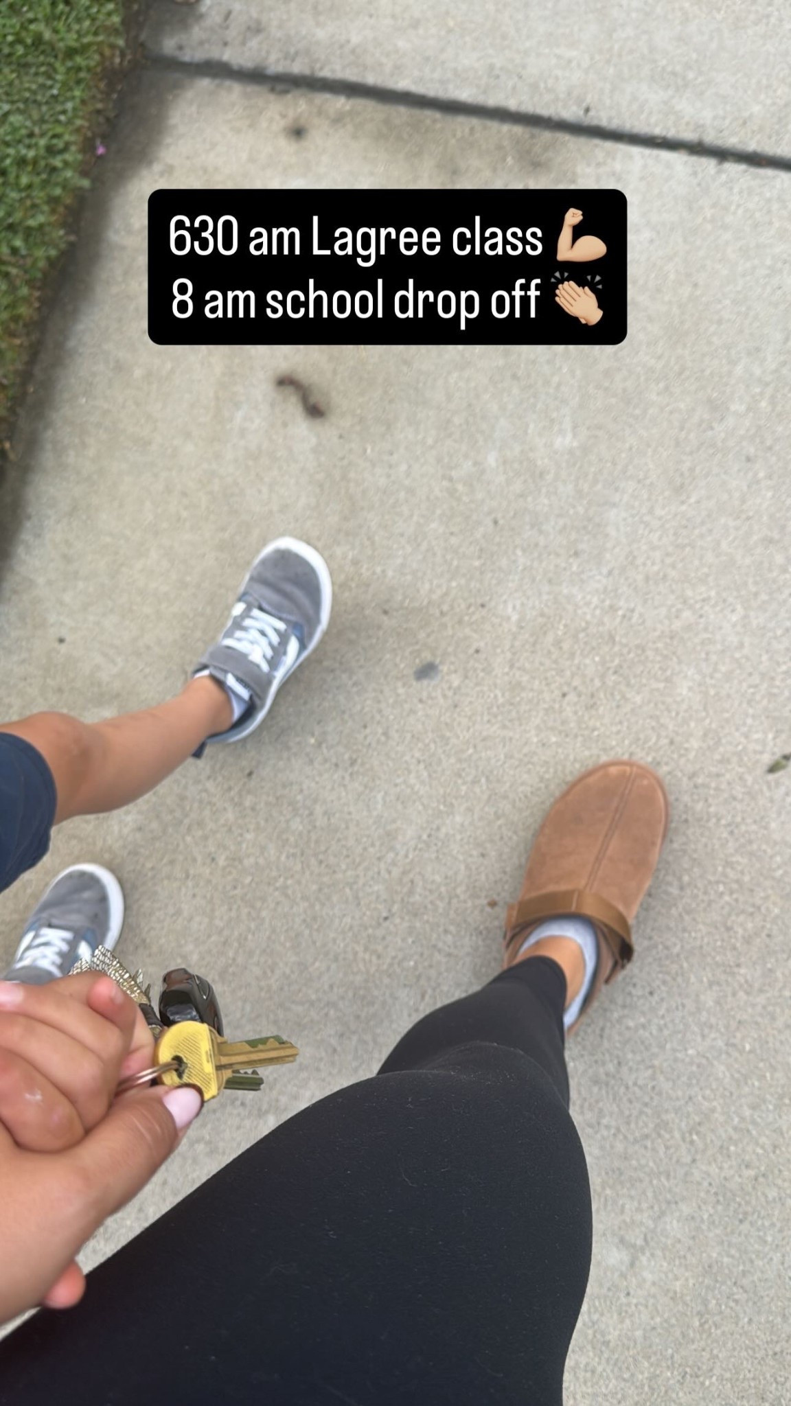 School drop off, leggings, Lagree, workouts, Ugg, slippers, grip socks 