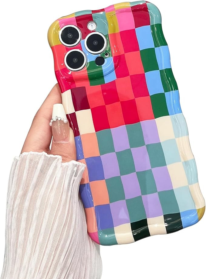 Compatible with iPhone 14 Pro Max Case, Cute Wave Curly Colorful Checkerboard Plaid Phone Case fo... | Amazon (US)