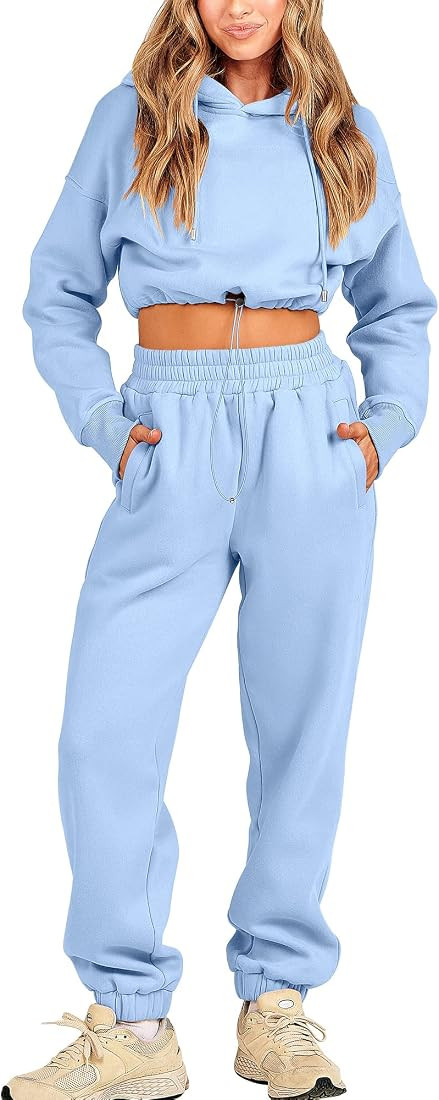 Prinbara Women's 2023 Fall Two Piece Outfit Long Sleeve Oversized Cropped Hoodie Long Pants Track... | Amazon (US)