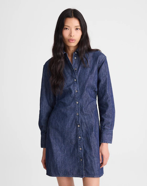 Denim Ruched Mini Shirtdress in Light Rinse Wash | Madewell