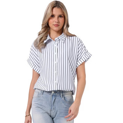 INSPIRE CHIC Women's Turndown Collar Striped Work Button Down Short Sleeve Business Causal Skirt X-Small White | Target