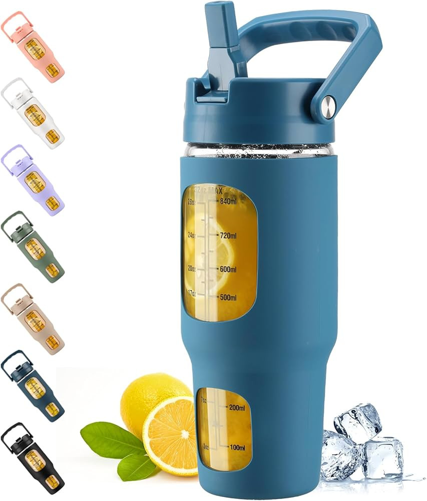 kytffu 32oz glass tumbler with straw and lid, Reusable Iced Coffee Cup with handle and Silicone S... | Amazon (US)