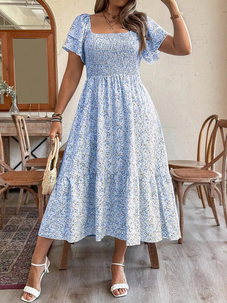 Breezaya Plus Size Vacation/Leisure Ditsy Floral Print Dress With Cinched Waist Maxi Women Outfit | SHEIN