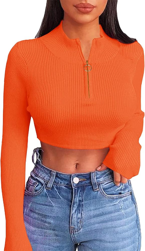 Artfish Women Long Sleeve Turtleneck Crop Top Zip Neon Sexy Fitted Cropped Shirts | Amazon (US)