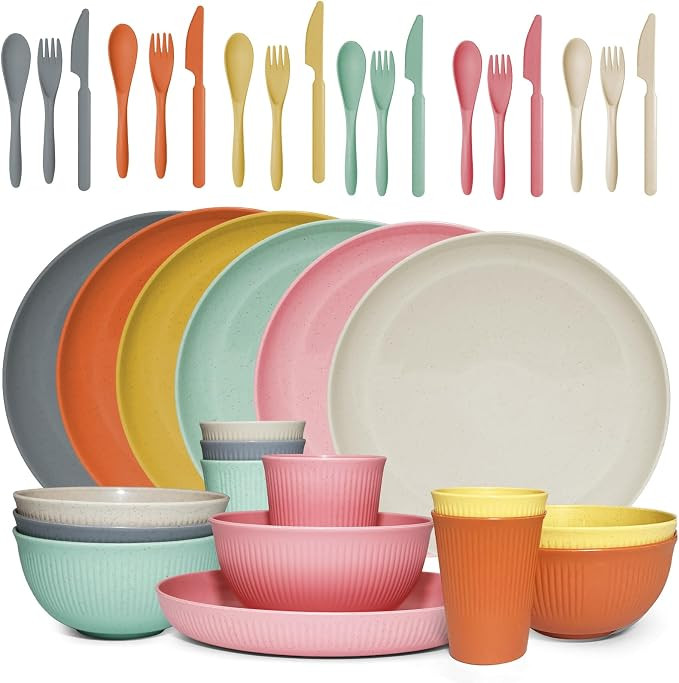 36 pcs Wheat Straw Dinnerware Sets DAPIPIK Unbreakable Reusable Dinnerware Set ，Lightweight Cam... | Amazon (US)
