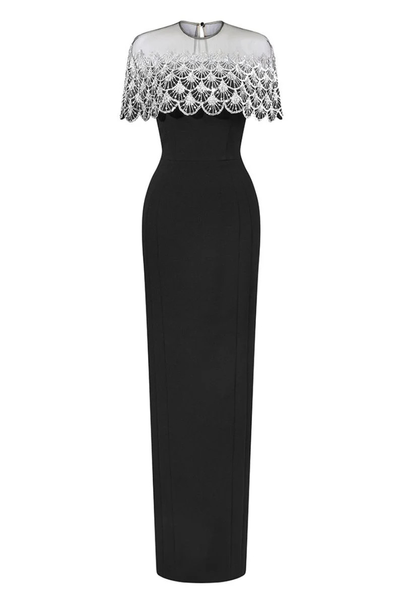 KRISTOFF BLACK BATEAU NECK GOWN WITH BEADED MINI CAPE | Le Thanh Hoa | CULT MIA | CULT MIA UK LTD
