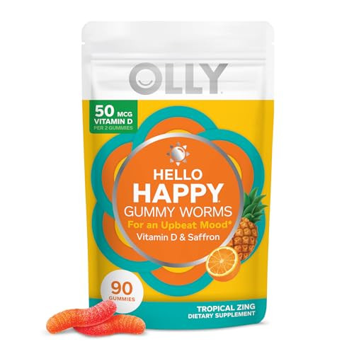 OLLY Hello Happy Gummy Worms, Mood Balance Support, Vitamin D, Saffron, Adult Chewable Supplement, Gluten Free, Tropical Zing - 90 Count | Amazon (US)